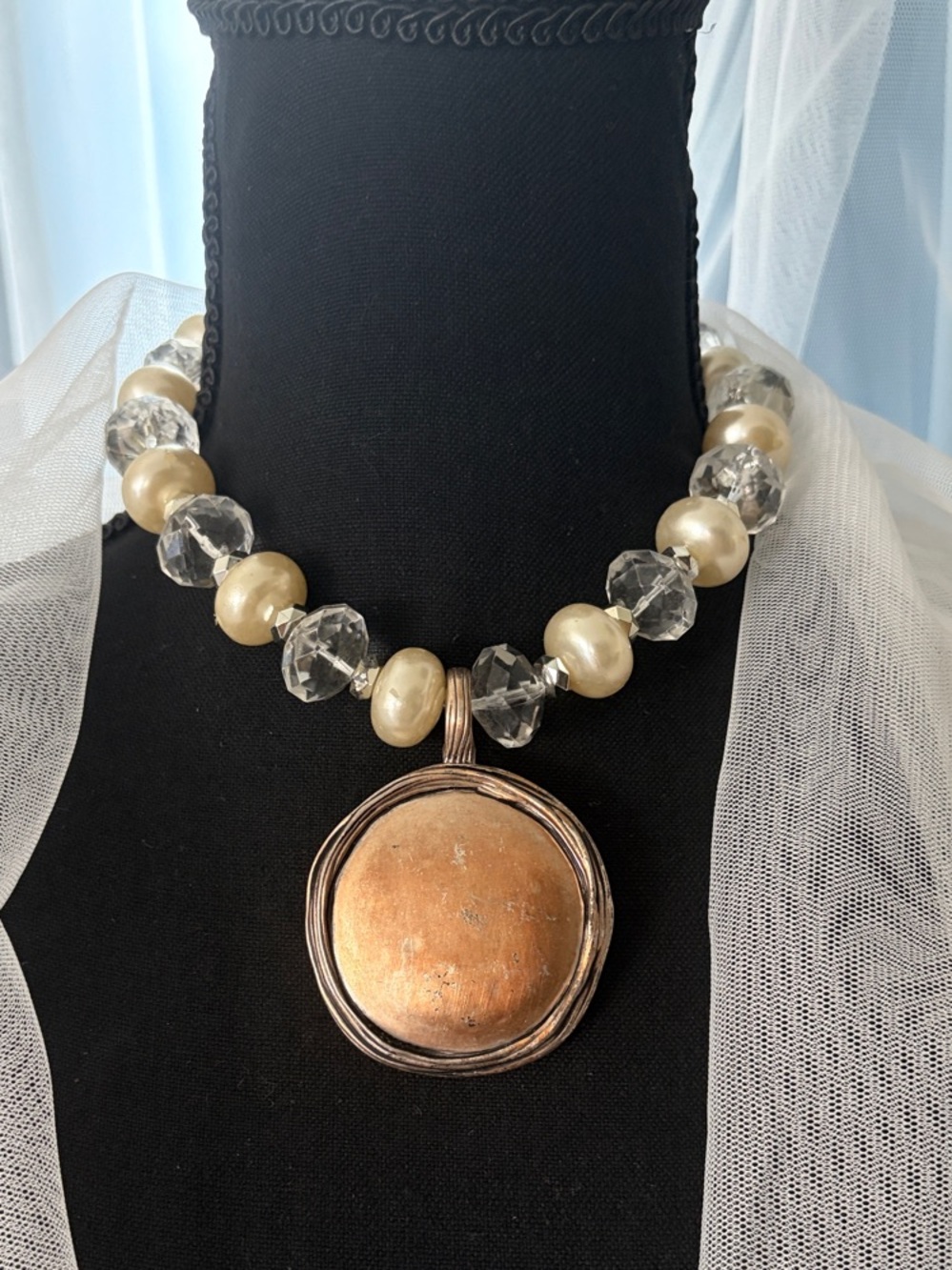 Premier Designs Gold-Tone Pearl and Crystal Necklace with Round Pendant
